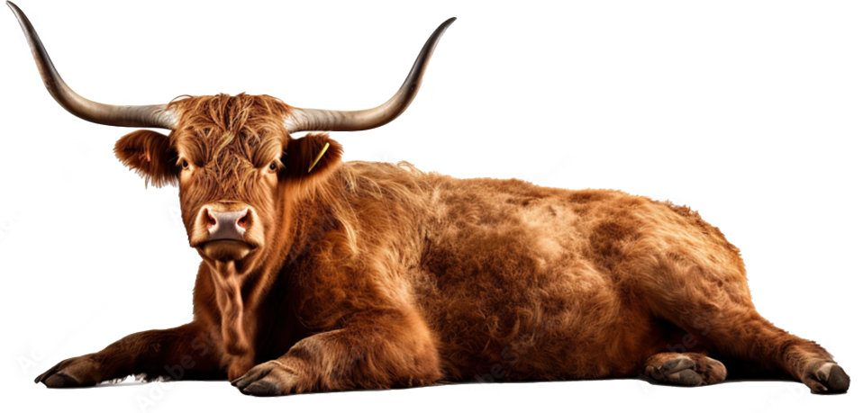 Une vache Highland allongée.